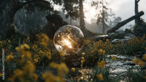 Mystical Crystal Orb Among Wildflowers At Dawn