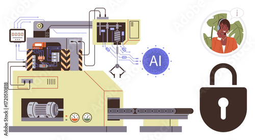 Automated machine with AI connectivity, robotic arm, padlock for cybersecurity, human operator. Ideal for automation, AI, manufacturing, security, technology workforce collaboration innovation