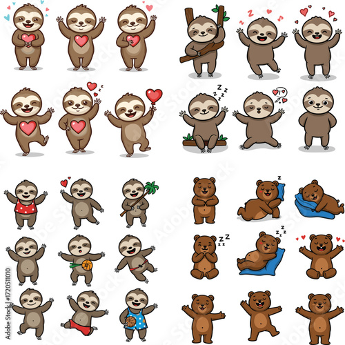 Cartoon sloths and bears with hearts and sleep bubbles illustration