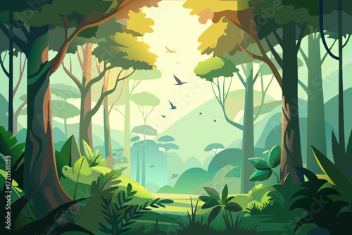 Lush jungle landscape with soaring birds, perfect for nature documentaries and conservation campaigns, calm environment with a vector style, inviting atmosphere