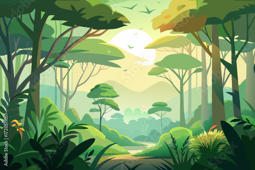 Lush jungle landscape at sunrise beckons exploration, a vector art illustration of a tropical forest, vibrant greens evoke peacefulness and adventure