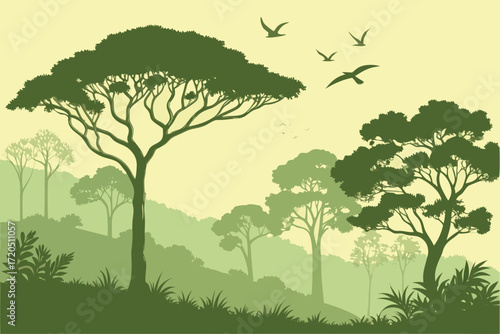 Enchanting forest scene with birds flying through sunlit trees, a peaceful nature escape, evoking tranquility and adventure in a wild landscape