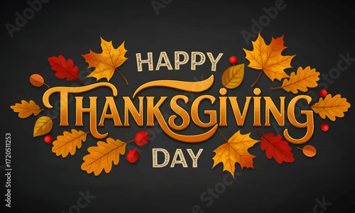 Happy Thanksgiving Day Celebration with Autumn Leaves and Festive Typography