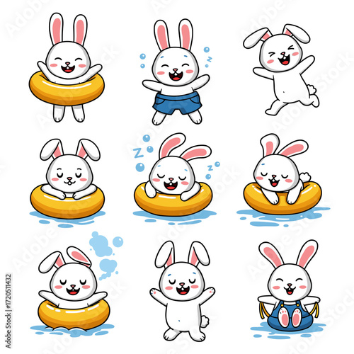 Cartoon bunny in various poses with swim rings and summer clothes