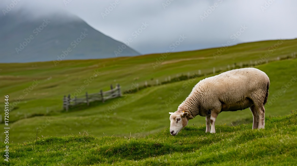 Obraz premium Sheep grazing on green meadow with mountain landscape in background