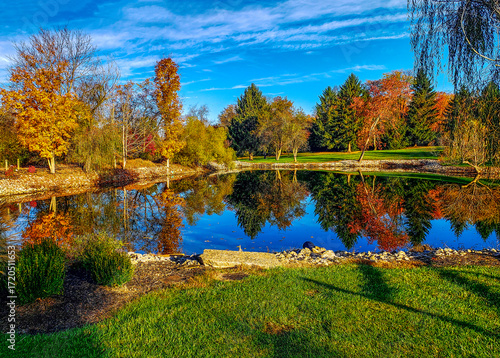 Small Pond Surrounded by Trees with Autumn Color