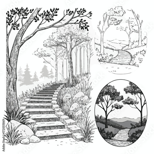 Sketch of an Elegant Park Staircase with Lush Plants
