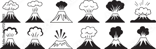 erupting volcano icons set simple black white line art volcanic eruption symbols pack for design