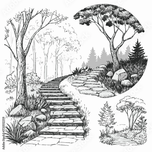Vector Design of a Stone Path Through a Serene Garden