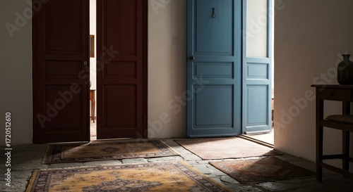 Aesthetic Invitation Two Rustic, Weathered Doors, One Crimson and One Azure, Stand Ajar, Bathed in Sunlight, Leading into a Quiet Space Adorned with Antique Rugs