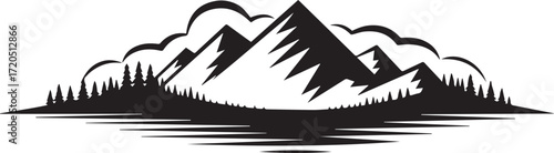 minimalist black and white mountain landscape vector with pine forest and reflective lake
