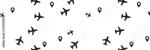 seamless travel pattern with airplanes location pins and dotted flight paths vector background