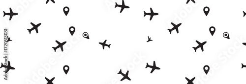 seamless aviation pattern with airplanes flight trails and map pins repeatable vector design