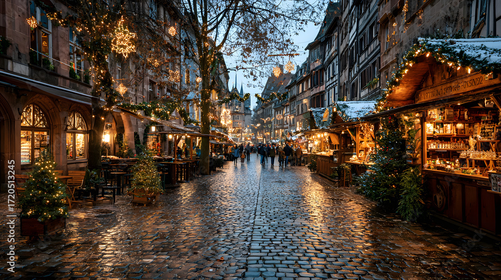 Obraz premium Christmas market under the snow in France, in Strasbourg, Alsace