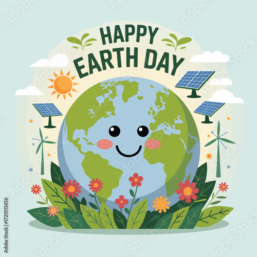 Happy Earth Day smiling planet with solar panels and wind turbines
