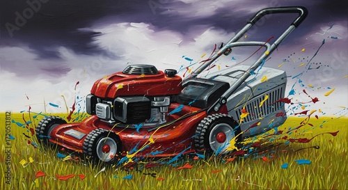Red Lawn Mower in Colorful Paint Splatter Artistic Oil Painting