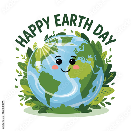Happy Earth Day smiling planet with green leaves globe