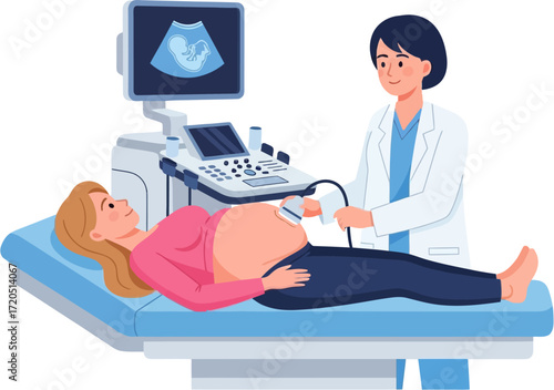 Pregnant Woman Undergoing Ultrasound Scan with Doctor.
