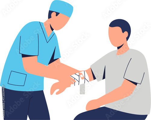 Doctor Bandaging Patients Arm, Medical Care Illustration.