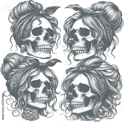 Pinup Girl Skull Vector Retro Gothic Skeleton Illustration