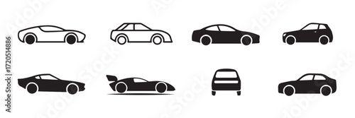 diverse car silhouettes pack includes sports sedan compact station wagon muscle race rear view vector illustration