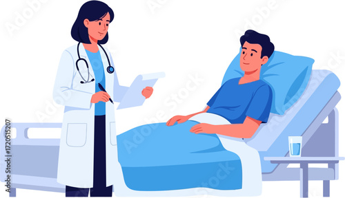 Doctor in white coat examining patient lying in hospital bed with blue sheets.