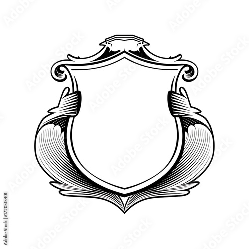 Classic Ornate Shield Decorative Frame with Symbolic Shape and Vintage Design for Elegant Identity Branding and Retro Aesthetics