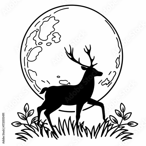 Silhouette of a majestic deer standing before a full moon