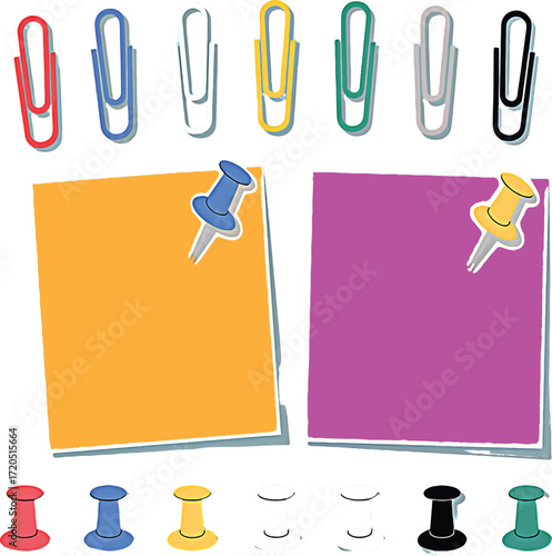 Vibrant collection of office and school stationery, featuring colorful paper clips, sticky notes with pushpins, and diverse thumbtacks, isolated on a white background