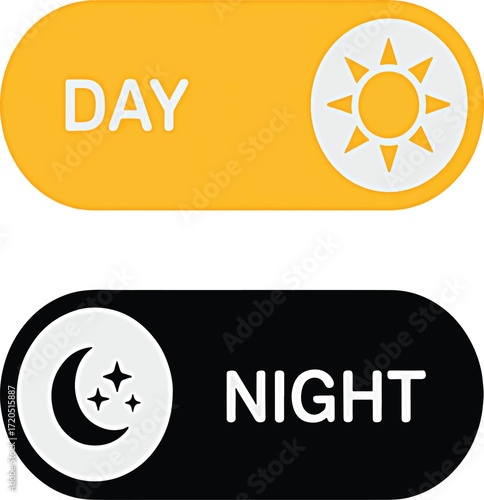 Toggle switch to change between day and night modes on a device, illustrating a transition between sunlight and moonlight with clear typography
