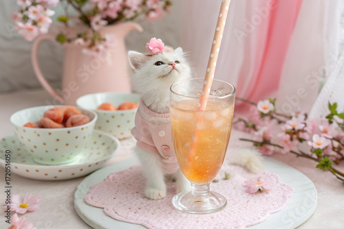 A cute adorable domestic white cat drinking juice with straw, cute white pet 