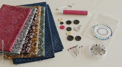 A collection of sewing supplies including colorful fabric swatches, buttons, pins, and thread on a white surface.