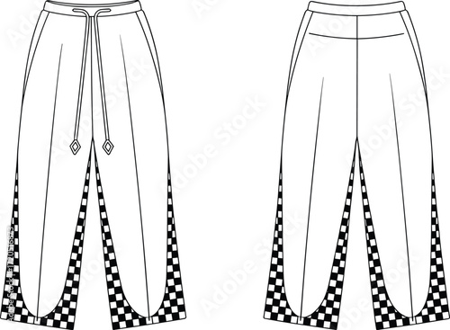 Fashion flat sketch of wide leg pants with checkered side panels, front and back technical drawing, modern trousers apparel design template