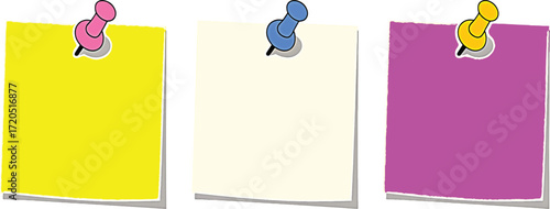 A set of three colorful blank sticky notes held by pushpins isolated on a white background. Yellow, cream, and purple square paper for messages
