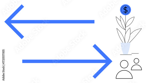 Blue arrows showing opposite directions, potted plant symbolizing financial growth, and people icons representing teamwork. Ideal for finance, decision-making, business, growth, leadership, teamwork