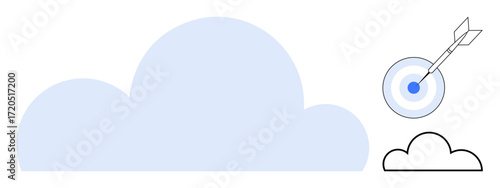 Large cloud in soft blue, small outlined cloud, and bullseye with an arrow hitting the center. Ideal for data accuracy, cloud computing, precision, innovation, technology, focus business strategy