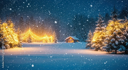 A cozy wooden cabin nestled in a snowy forest, illuminated by warm, twinkling fairy lights draped between snow-covered pine trees.