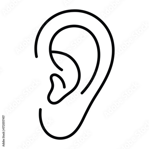 Ear vector icon. Simple black line art illustration for hearing, listening, sound, and medical or health care design.