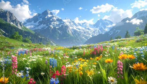 A vibrant meadow in bloom before snow-capped mountains under a bright blue sky dotted with fluffy clouds