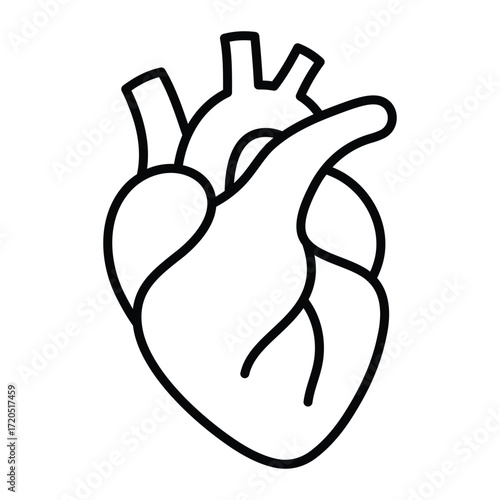 Heart vector icon. Black line art illustration of human cardiovascular organ for medical, healthcare, and anatomy design.