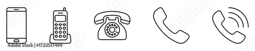 Phone vector icon set. Modern smartphone, cordless phone, rotary dial telephone, and handset line art symbols for communication design.