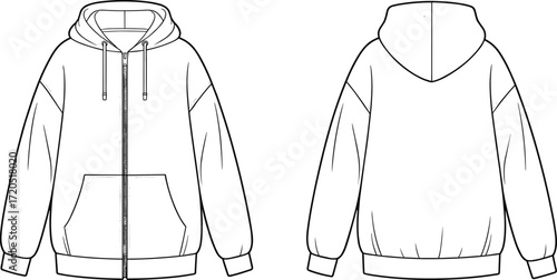 Flat sketch of zip up hoodie with front pocket, drawstring hood, ribbed cuffs, casual outerwear, fashion apparel technical illustration