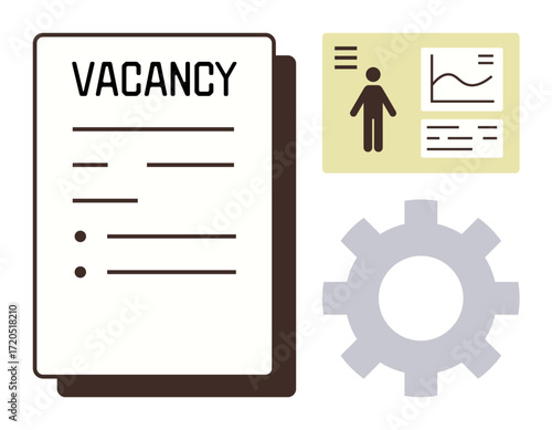 Vacancy form, candidate profile card, and gear symbolizing job opening, hiring, HR processes, and workflow. Ideal for recruitment, employment, management job posting workforce strategy simple