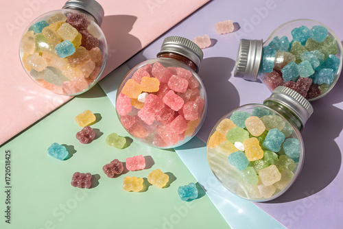 The set of four large round  bottles of frosted full of multi color candy with semi isolated background 