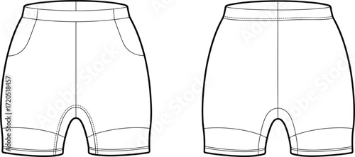 Flat sketch shorts design, technical fashion illustration, unisex activewear template, casual gym shorts outline, vector garment drawing, clothing design mockup, apparel