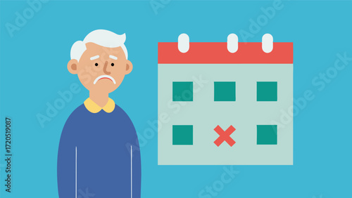 A man in his golden years standing in front of a calendar with big Xs marked on every day representing the detrimental effects of chronic sleep deprivation on the brain such as. Vector illustration