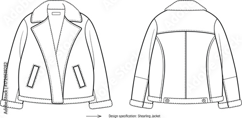 Shearling jacket fashion flat sketch, front and back technical drawing, winter outerwear coat design template, stylish apparel garment illustration for designers