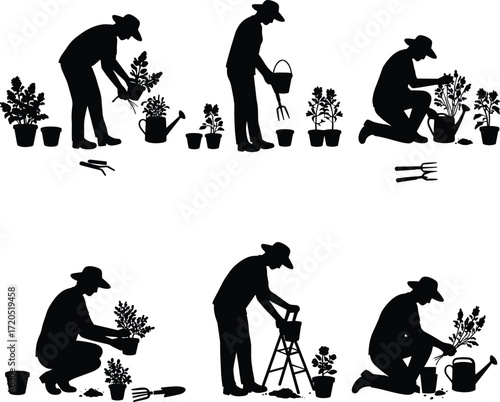 Silhouette of gardener planting flowers in pots, watering plants, using tools, agriculture work, soil preparation, cultivation process, outdoor gardening lifestyle