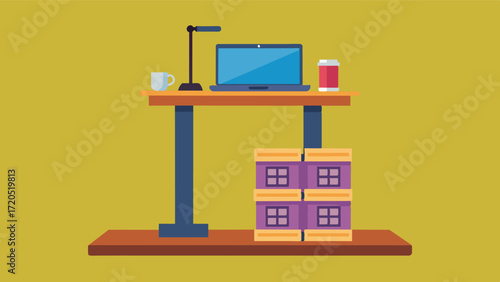 A standing desk made out of crates equipped with a laptop and a standing mat.. Vector illustration