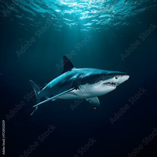 Wallpaper Mural A large shark is swimming in the ocean. The shark is surrounded by water and the sunlight is shining through the water.  Torontodigital.ca